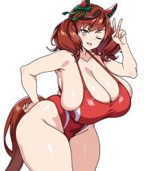1girls animal_ears arm_up artist_request bow breasts brown_eyes brown_hair cleavage curvy ear_covers female green_bow hair_bow hand_on_own_hip highleg highleg_one-piece_swimsuit horse_ears horse_girl horse_tail huge_breasts leaning_forward medium_hair nice_nature_(umamusume) one-piece_swimsuit one_eye_closed open_mouth red_one-piece_swimsuit skindentation smile solo standing swimsuit tail thick_thighs thighs twintails umamusume v white_background wide_hips wink