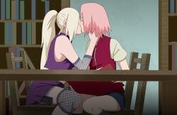 2girls blonde_hair blush breasts closed_eyes elbow_pads female female/female female_only gloves groping implied_sex indoors ino_yamanaka kissing library long_hair midriff multiple_females multiple_girls naruto naruto_(series) naruto_shippuden optimystic pink_hair ponytail romantic romantic_couple sakura_haruno shirt side_view sideboob sitting skirt sleeveless sleeveless_shirt tied_hair very_long_hair yuri