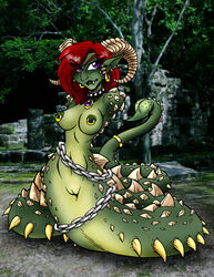 amulet areola armless breasts chains collar fangs female green_skin hair horn jewelry lamia long_hair looking_at_viewer naga naga_(artist) navel nipples nude piercing purple_eyes pussy red_hair scorpion_tail smile spikes stinger