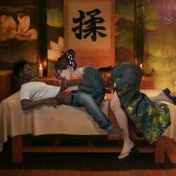 1boy 1girls ai_generated asian_female blackroga dark-skinned_male final_fantasy final_fantasy_vii_remake heels interracial kimono licking licking_penis madam_m massage_bed saliva