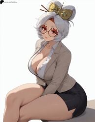 1girl 1girls ai_generated black_skirt breasts breath_of_the_wild cleavage collarbone crossed_legs glasses hair_bun hair_ornament hi_res high_quality high_resolution highres jacket large_breasts light lips naughty_face nose opal_nemy partially_unbuttoned patreon_logo patreon_url patreon_username pencil_skirt plain_background pocket purah red-framed_eyewear round_eyewear self_upload shadow shiny shiny_clothes shiny_hair shiny_skin simple_background sitting skirt solo the_legend_of_zelda thick_thighs thighs watermark white_background white_hair white_shirt