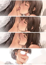 2girls archenemy_and_hero big_sister_maid biting brown_hair close-up closed_eyes cunnilingus female female_only glasses head_maid hjl lezdom long_hair maid multiple_girls no_panties oral pubic_hair pussy pussy_juice yuri