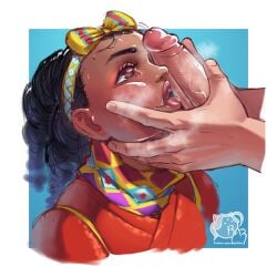 1boy 1girls capcom dark-skinned_female dark_skin eyelashes face_grab female female_focus hi_res kimberly_jackson light-skinned_male light_skin male open_mouth penis penis_on_face penis_over_one_eye razillon steam street_fighter street_fighter_6 tongue_out