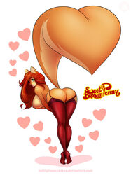 2013 ass big_breasts big_tail breasts brown_nose female fluffy_tail freckles furry green_eyes hair heart lips long_hair looking_at_viewer nipples orange_skin penny_flynn pose presenting presenting_hindquarters red_hair rodent smile solo squirrel stockings thighs zaftigbunnypress