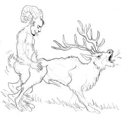 anal black_and_white bracciotoon closed_eyes erection feral gay interspecies male monochrome penis satyr stag zoophilia