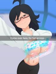 black_hair clothed_female clothes_lift cyber_sensation friday_night_funkin friday_night_funkin_mod glasses holographic_screen smiling taeyai tagme talia_(taeyai) teasing teasing_viewer text visible_nipples