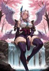 ai_generated armor artist_name black_thighhighs blush breasts bulge cherry_blossoms covered_penis detached_sleeves earrings erection feathered_wings futanari futarush hair_ornament half-erect horse_penis huge_penis japanese_clothes jewelry kayle large_breasts large_penis league_of_legends long_hair looking_at_viewer multiple_wings nail_polish outdoors patreon patreon_username penis pink_eyes pointy_ears purple_skirt riot_games shoulder_armor sitting skirt soaking_feet solo spirit_blossom_kayle spirit_blossom_series stirrup_legwear sultryspark thighhighs toeless_legwear toenails tree water waterfall white_hair wings