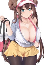 1girls bag blue_eyes blush bra breasts brown_hair colored female female_only game_freak hair_buns hat huge_breasts leggings looking_at_viewer nintendo pokemon pokemon_bw2 pulling_down_shirt purse rosa_(pokemon) skirt tagme thick_thighs thighs twintails visor visor_cap watch zatma0041