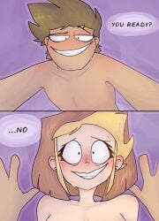 1boy1girl blushing cornering_viewer dominant_male english_text flirting flirting_look looking_at_another looking_at_viewer naked naked_female naked_male nervous_female nervous_smile nude original_character panel pov shirtless short_hair smile sweat text vampires_hell viewer_pov