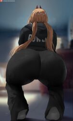1girl ass black_hoodie black_pants blonde_hair blurry blurry_background chainsaw_man curvy from_behind highres hood hoodie horns huge_ass indoors long_hair oroborus oroborusart pants power_(chainsaw_man) red_horns socks solo squatting white_socks wide_hips