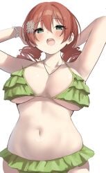 armpits arms_behind_head cleavage collarbone emma_verde freckles large_breasts love_live! midriff navel necklace official_alternate_costume open_mouth stomach swimsuit tummy upper_teeth upper_teeth_only