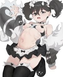 1girls black-eyed_female black-haired_female black_eyes black_hair black_thighhighs breasts choker detached_sleeves dragon_tail esearu female female_only hi_res horns light-skinned_female light_skin medium-haired_female medium_breasts medium_hair miniskirt navel original original_character pasties revealing_clothes skirt small_horns solo tail thighhighs twintails