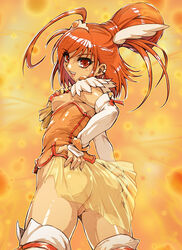 ahoge ass ass_grab breasts breasts_out clothing cure_sunny detached_sleeves female female_only hair_bun hino_akane hisahiko human innie_pussy long_hair looking_at_viewer magical_girl nipples no_panties open_mouth orange_(color) orange_background orange_eyes orange_hair orange_theme precure presenting pretty_cure pussy red_eyes red_hair short_hair small_breasts smile smile_precure solo teeth thighs uncensored