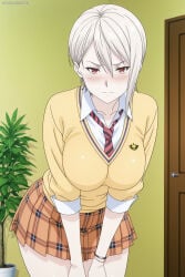 1boy absurdres adult ai_assisted ai_generated alice_nakiri big_breasts breasts embarrassed female food_wars heeven highres leaning_forward male mature nakiri_alice patreon patreon_username perfect_body school_uniform schoolgirl shokugeki_no_souma standing uncensored