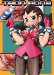 1girls areola ball_gag blue_eyes blush bondage breasts brown_hair busty cleavage clitoris dildo earrings female gag highres mega_man mega_man_legends nipples saliva skull_earrings sweat tron_bonne uncensored voluptuous wet whiffle_ball