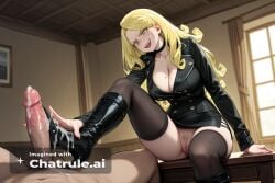 1girl ai_assisted ai_generated bdsm_room below bent_over big_eyes blonde_hair bootjob cleavage cum cum_on_boots cumshot cute_face detailed_face domination dripping eye_contact femdom focus foreshortening from green_eyes high_heel_boots highly_detailed large_breasts leaning_forward legs_apart long_hair mole_on_breast open_mouth pain perfect_anatomy pov pov_footjob precum pussy_spread red_lipstick sacred sitting_on_table skinny slender smile smirk sperm veins_on_penis veiny_penis