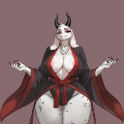 anthro areola_slip artlongon big_breasts black_robe breasts busty claws cleavage curvy dommy_mommy fangs female fluffy horns long_ears looking_at_viewer mature_female milf mommy monster_girl nipples open_robe partially_clothed puffy_nipples red_eyes seductive_smile sharp_teeth solo solo_female thick thick_thighs toriel_(underfell) toriel_(undertale) underfell undertale white_fur wide_hips