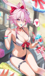 1girls animal_ears beach bikini breasts breasts_out evanescia_(honkai:_star_rail) exposed_breasts female fox_ears fox_girl honkai:_star_rail honkai_(series) hoyoverse long_hair medium_breasts mihoyo one_eye_closed pink_hair purple_eyes sitting swimsuit white_bikini white_swimsuit
