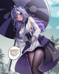 1girl big_breasts black_pantyhose blush breasts have_to_pee holding holding_object holding_umbrella long_hair myoung need_to_pee no_bra no_bra_under_clothes open_mouth pantyhose purple_hair red_eyes sideboob solo sweat swimsuit umbrella vivian_banshee zenless_zone_zero
