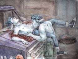 2021 2boys artist_request barley_lightfoot blue_hair brothers disney elf garage gay ian_lightfoot incest licking_belly male male_only onward_(2020) pixar shirtless traditional_media van vehicle yaoi