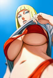 1girls accurate_art_style accurate_body_type adjusting_clothes ai_generated arms_up bare_shoulders bikini bikini_bottom bikini_top bikini_under_clothes blonde_female blonde_hair blue_eyes blunt_bangs blunt_ends bob_cut breast_slip breasts breasts_bigger_than_head breasts_out busty cleavage closed_mouth collarbone colored_nails crabscab expressionless facing_viewer female_focus female_only full_color halterneck high_resolution highres horizon large_breasts light-skinned_female light_skin line_art looking_at_away looking_up manga_style masashi_kishimoto_style mature_female nail_polish naruto naruto_(series) naruto_shippuden official_style orange_bikini outdoors red_nails samui serious shiny_skin shirt shirt_lift short_hair simple_background soft_shading solo solo_focus standing thin_eyebrows undressing upper_body viewed_from_below waifu white_skin
