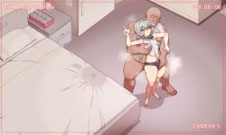 2boys arm_up bald bare_shoulders barefoot bed bed_sheet bell belly black_bow black_choker black_shorts blush bottle bow braid bulge camera choker clothed_male_nude_male completely_nude condom condom_wrapper covered_nipples crossdressing crossdressing_(mtf) fat fat_man feet from_above grabbing_another's_penis grabbing_from_behind grey_hair groping hair_between_eyes hair_bow hair_intakes hand_on_another's_arm heart indoors jingle_bell long_hair looking_at_another low_twintails male_focus micro_shorts midriff mole mole_under_eye mole_under_mouth multiple_boys multiple_condoms multiple_moles navel navel_piercing neck_bell nude otoko_no_ko piercing pillow refrigerator shelf shirt shorts side_braid sleeveless sleeveless_shirt smile spread_legs stained_sheets standing steam sweat sweatdrop testicles thick_thighs thighs toes tongkkangi tongkkangi_(streamer) towel towel_around_neck trap twintails twitching water_bottle wet_spot white_shirt yaoi yellow_eyes