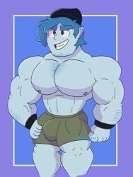 1boy 2022 bara barley_lightfoot blue_hair bulge chest_tuft disney elf felixsmgplace gay male male_only muscular nipples onward_(2020) out_of_frame pixar shirtless shorts simple_background solo