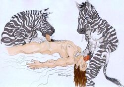 2010 balls bracciotoon brown_hair closed_eyes equine erection fellatio gay hair human male nipples oral penis plain_background threesome white_background zebra