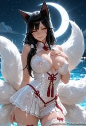 1girl ahri ahri_(league_of_legends) ai_generated animal_ears bangs bare_shoulders black_hair blush breasts cleavage cleavage_cutout closed_mouth clothing_cutout covered_nipples cowboy_shot crescent_moon dress facial_mark fox_ears fox_tail hair_over_shoulder hand_on_own_chest kermixx large_breasts league_of_legends long_hair looking_at_viewer moon multiple_tails night night_sky nipples outdoors patreon_username see-through short_dress sky smile solo star_(sky) starry_sky tail thighhighs water wet whisker_markings white_dress white_thighhighs yellow_eyes