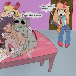 annoyed blonde_hair blush blushed_face caught caught_in_the_act cheating cuckold cuckquean cum demon_girl english_text female group_sex horns male naked ntr orgy orgy_sex original_character polyamory purple_hair robot robot_humanoid sex_from_behind sex_from_front shocked_expression sitting_on_another surprised vampire vampires_hell