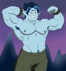 1boy 2021 armpit_hair bara blue_hair bracelet disney elf lewd_wfreak male male_only muscular nipples onward_(2020) pixar shirtless simple_shading solo spiked_bracelet