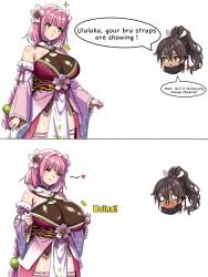 1boy 1girl 2d big_breasts blush blush_lines blushed blushed_face blushing_face blushing_male bra_strap_is_showing_(meme) bra_strap_showing_(meme) bra_straps braid braided_ponytail breasts brown_eyes brown_hair busty busty_female chibi cleavage clothing_aside female flower green_eyes hair_flower hair_ornaments hentadraw huge_breasts japanese_clothes kimono kimono_pull large_tits lipstick meme mole mole_under_eye nosebleed open_clothes pink_hair pink_nails ponytail rune_factory rune_factory:_guardians_of_azuma smile smiling subaru_(rune_factory) text ulalaka white_background