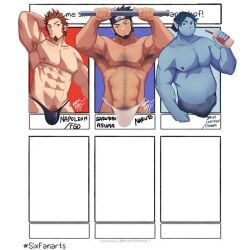 2024 3boys armpit_hair bara barley_lightfoot beanie black_thong blue_eyes blue_hair blue_skin brown_body brown_hair bulge chest_hair crossover disney elf fate_(series) fundoshi gay goatee green_eyes light_skin male male_only marsh_maru meme muscular napoleon_bonaparte_(fate) naruto_(series) nipples onward_(2020) pixar pubic_hair sarutobi_asuma six_fanarts_challenge slightly_chubby soda_cup tan_skin thong white_fundoshi yaoi