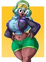 adorable belly_button big_ass black_eyes blue_hair brown_body captain_dagon clothed color curvy cute dolly_dimpley female_only hands_on_hips happy_female headphones hi_res huge_breasts long_hair looking_at_viewer sexy_body sexy_pose shorts smiling_at_viewer smiling_friends solo_female thick_thighs tight_clothing voluptuous_female wasp_waist white_sclera wide_hips