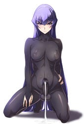 1futa areolae balls bodysuit breasts cum cum_drip cum_in_bodysuit cum_through_clothes cumshot curvy ejaculation erect_nipples erection erection_under_clothes futa_only futanari hands-free highres intersex koubuin_yuuhi large_breasts long_hair looking_at_viewer muv-luv nipple_bulge nipples no_bra no_panties penis penis_under_clothes purple_eyes purple_hair see-through shino_(comic_penguin_club) skin_tight smile solo squatting tenting through_clothes toes very_long_hair white_background