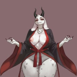 anthro areola_slip artlongon big_breasts black_robe breasts busty claws cleavage curvy dommy_mommy fangs female fluffy horns long_ears looking_at_viewer mature_female milf mommy monster_girl nipple_bulge nipple_slip nipples nipples_visible_through_clothing open_robe partially_clothed puffy_nipples pussy red_eyes seductive_smile sharp_teeth solo solo_female thick thick_thighs toriel toriel_(underfell) toriel_(undertale) underfell undertale white_fur wide_hips