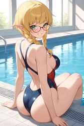ai_generated ass blonde_hair blush elf elf_ears glasses hyrule_warriors linkle looking_back sitting smile swimming_pool swimsuit