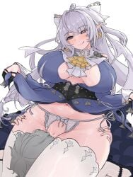 ascot big_breasts breasts_apart facesitting hands_on_thighs holding_hips implied_cunnilingus implied_oral lace-trimmed_panties large_breasts licking_lips lifting_skirt looking_at_another pointy_ears pussy pussy_juice revive_(asee3882) squirting thick_thighs thigh_squish velina_(zenless_zone_zero) velina_airgid wide_hips wise_(zenless_zone_zero) zenless_zone_zero