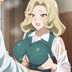 1boy 1girls ai_generated blonde_hair camilla_(spy_x_family) clothed_paizuri motion_lines office_lady open_mouth open_smile paizuri paizuri_lead_by_female paizuri_under_clothes smile spy_x_family yellow_eyes zuriemon