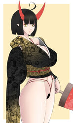 ahoge bare_shoulders black_hair bondage bottomless breasts cleavage demon_girl female hairy_pussy horns huge_breasts japanese_clothes parasol pointy_ears profile pubic_hair pussy short_hair simple_background solo standing thighs val-val yellow_eyes