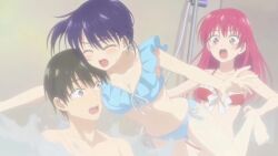 16:9_aspect_ratio 1boy 2girls accidental accidental_touch bathing bathing_together bathroom bathtub big_breasts bikini bikini_bottom bikini_top blue_bikini blue_eyes blue_hair blue_swimsuit breasts breasts_on_face breasts_on_head brown_hair door english_audio english_dialogue english_language feet female floor floor_tiles huge_breasts in_bathtub in_water kanojo_mo_kanojo large_breasts male minase_nagisa mp4 mukai_naoya puddle red_bikini red_eyes red_hair red_swimsuit saki_saki_(kanojo_mo_kanojo) shocked shocked_expression shocked_eyes shocked_face shocked_female shocked_look shocked_male shower_hose slip slipped slipping small_breasts sound swimsuit tagme video water