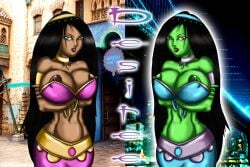 alternate_persona arabian_clothes areola_slip areolae before_and_after black_hair breasts danny_phantom dark-skinned_female dark_hair dark_skin desiree desiree_(human) erect_nipples female genie ghost ghost_girl green_eyes green_skin harem_outfit human long_hair navel nipple_slip nipples purple_lips purple_lipstick red_eyes red_lips red_lipstick supernatural