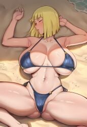 ai_generated arms_up ass_visible_through_thighs beach bikini blonde_hair blue_bikini blunt_bangs blush bob_cut breasts cameltoe closed_eyes collarbone cuckold female huge_breasts lying naruto_(series) navel netorare on_back parted_lips partially_visible_vulva samui sand shell short_hair side-tie_bikini_bottom sleeping solo spread_legs stomach swimsuit thick_thighs thighs underboob zeulzin