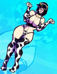 big_breasts bikini bikini_bottom bikini_top black_hair blue_background breasts caucasian caucasian_female choker cow_bell_collar cow_ears cow_girl cow_horns cow_print cow_print_bikini female glasses hourglass_figure justcassandra nico_artooo oc pink_lipstick purple_light rectangular_glasses shiny_skin short_hair sleeves thick_thighs thighhighs