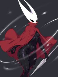 1girls 2025 2d 2d_(artwork) arthropod black_body blush cape curvy curvy_figure digital_media_(artwork) female female_only gray_background greaterkeytattoos grey_background holding_object holding_spear holding_weapon hollow_knight hollow_knight:_silksong hollow_knight_(franchise) hornet_(hollow_knight) insect_girl no_visible_genitalia questionable red_cape sfw solo solo_female spear weapon wide_hips