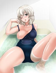 bathtub binbougami_ga! blush breasts brown_eyes female gray_hair grey_hair ichiko_sakura large_breasts nipples one_breast_out partially_submerged sakura_ichiko school_swimsuit short_hair smile solo swimsuit water wink