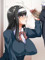 black_hair breasts censored cum cum_on_hair ejaculation enoshima_iki glasses hairband handjob highres large_breasts long_hair penis pubic_hair unseen_male_face