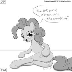 2012 after_sex anus ass black_and_white blush cum cum_drip cum_in_pussy cum_inside cutie_mark dripping english_text equine female foxychris friendship_is_magic hair horse long_hair looking_at_viewer monochrome my_little_pony open_mouth orgasm pinkie_pie_(mlp) pony pussy solo straight_hair text tongue tongue_out