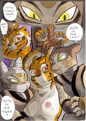 anthro better_late_than_never bottomless bound breasts claws comic daigaijin english_text feline female fur furry kung_fu_panda master_tigress mei_ling nipples nude open_mouth page_63 paws red_eyes rope south_chinese_mountain_cat stripes teeth text tiger wu_sisters yellow_eyes yuri