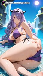 1girls 2025 ai_assisted ai_generated anime artist_name ass beach big_ass bikini blue_sky booty breasts bust camilla_(fire_emblem) cloud explicit female fire_emblem fire_emblem_fates hair_over_one_eye hi_res high_quality high_resolution highres long_hair patreon patreon_username purple_bikini purple_eyes purple_hair shore side-tie_bikini sky skypassion smile solo stable_diffusion swimsuit water watermark wet